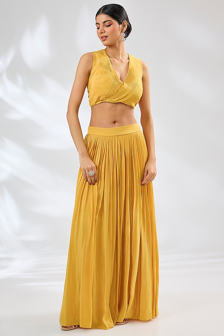 Mango Yellow Crepe & Organza Lucknowi Embroidered Cape Set by Ojasvini at Pernia's Pop Up Shop