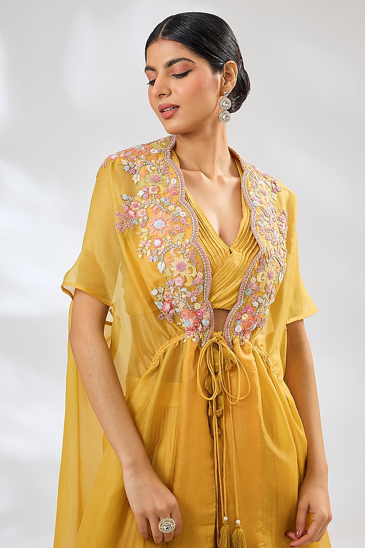 Mango Yellow Crepe & Organza Lucknowi Embroidered Cape Set by Ojasvini at Pernia's Pop Up Shop
