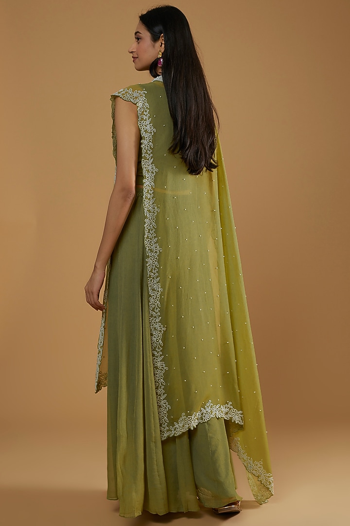 Mehendi Green Chiffon Cape Set by Ojasvini at Pernia's Pop Up Shop