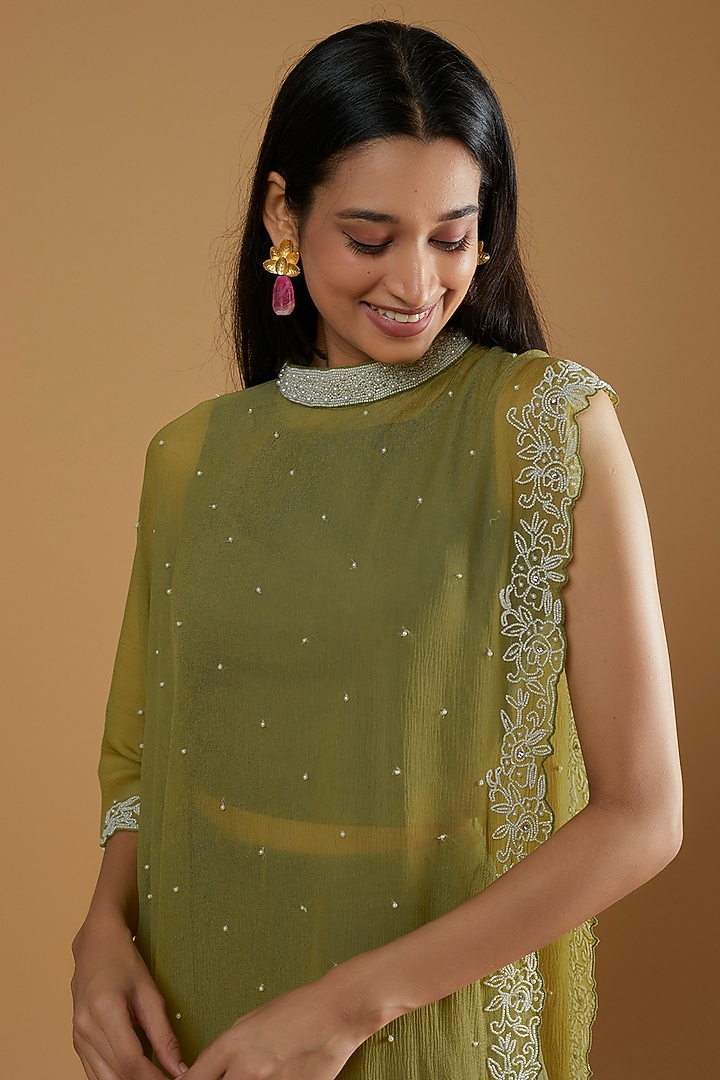 Mehendi Green Chiffon Cape Set by Ojasvini at Pernia's Pop Up Shop