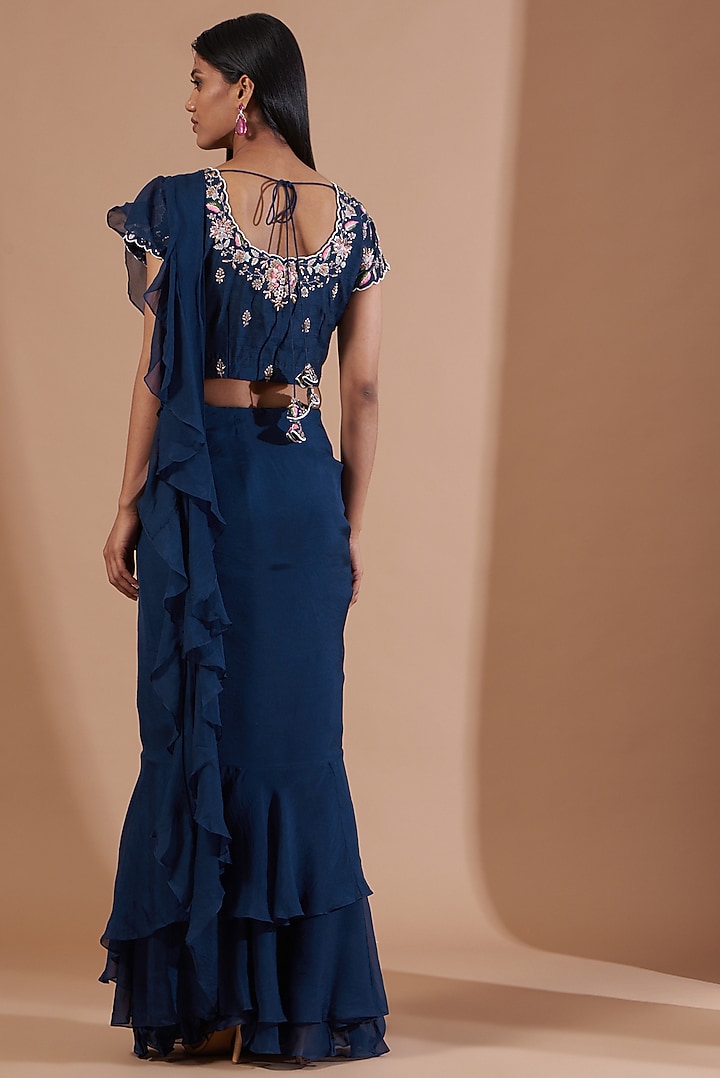 Midnight Blue Organza Wedding Saree Set by Ojasvini at Pernia's Pop Up Shop