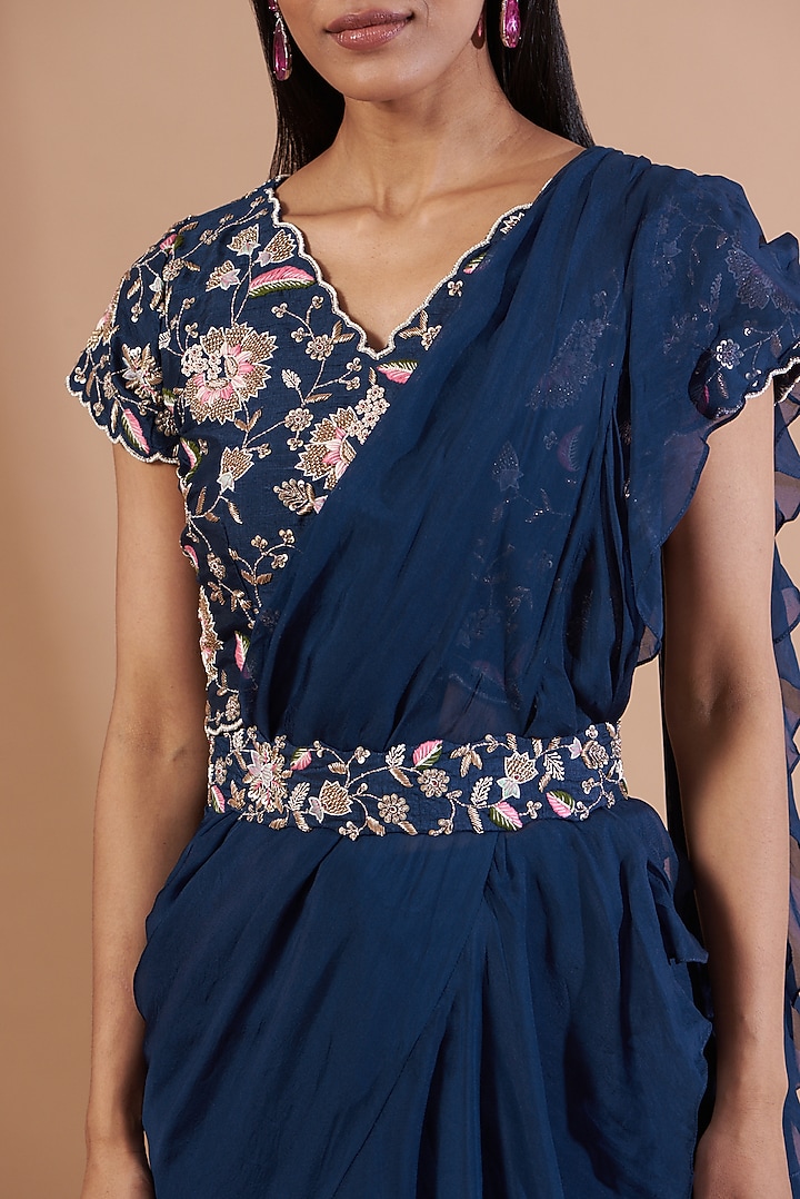 Midnight Blue Organza Wedding Saree Set by Ojasvini at Pernia's Pop Up Shop