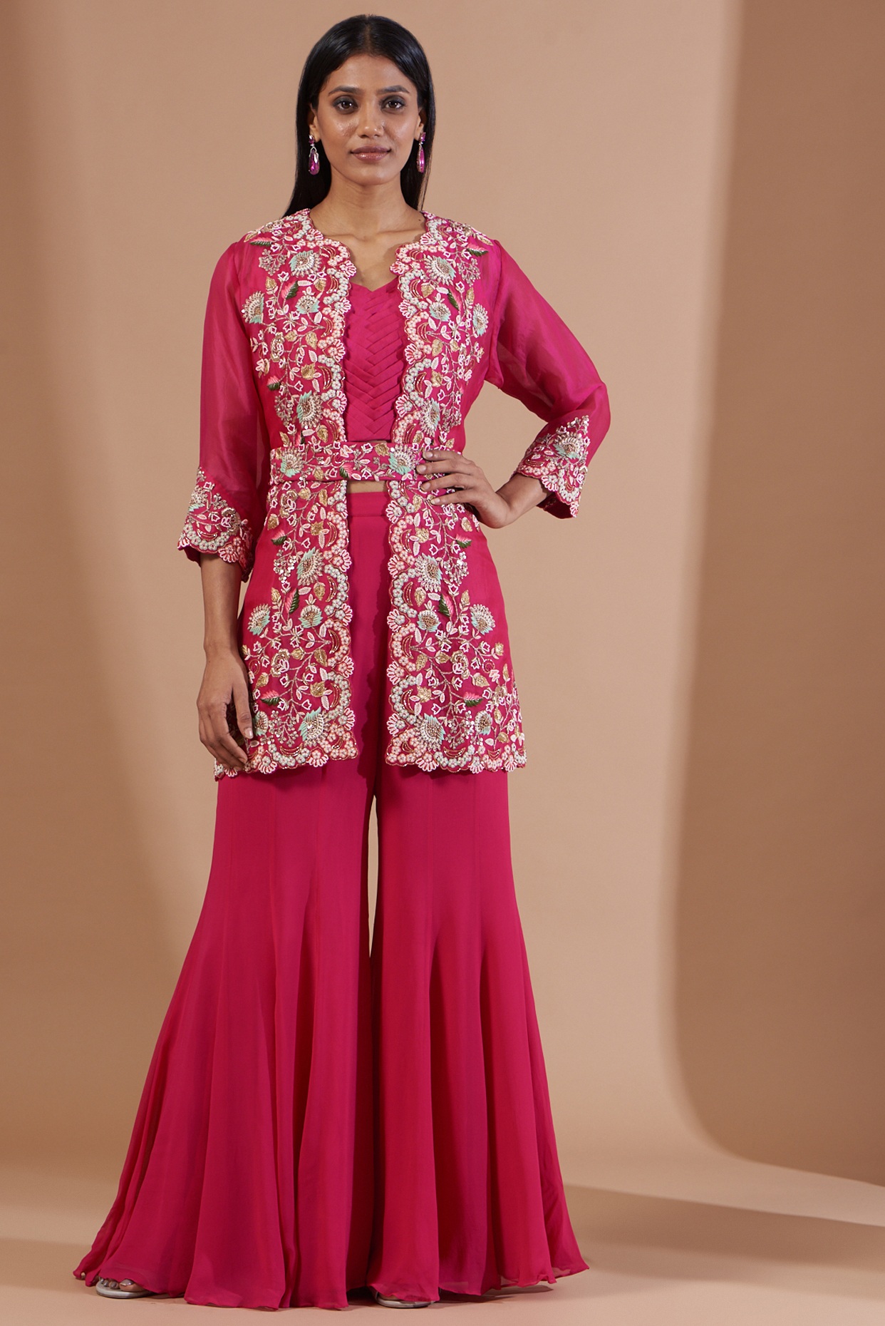 Fuchsia Pink Georgette Wedding Sharara Set by Ojasvini at Pernia's Pop Up Shop