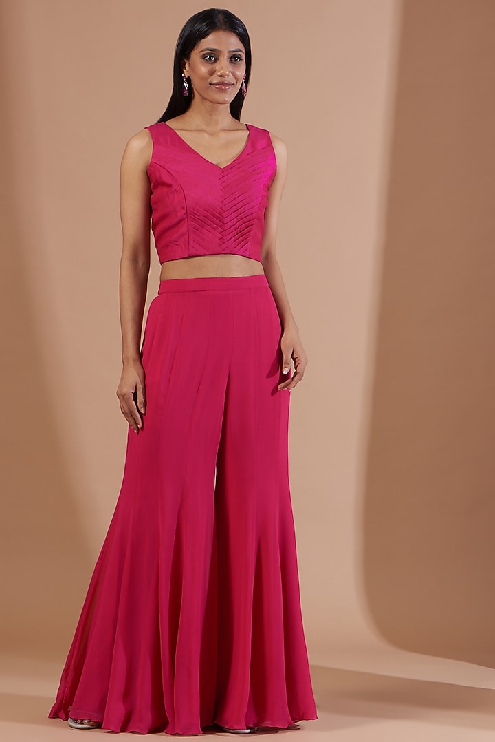Fuchsia Pink Georgette Wedding Sharara Set by Ojasvini at Pernia's Pop Up Shop