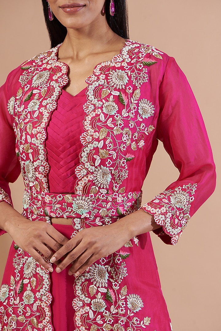 Fuchsia Pink Georgette Wedding Sharara Set by Ojasvini at Pernia's Pop Up Shop
