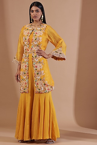 Mustard Yellow Georgette Sharara Set by Ojasvini