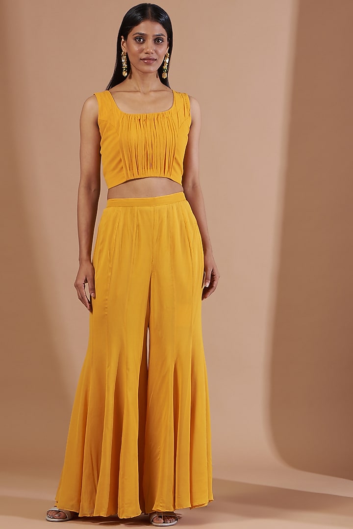 Mustard Yellow Georgette Wedding Sharara Set by Ojasvini at Pernia's Pop Up Shop