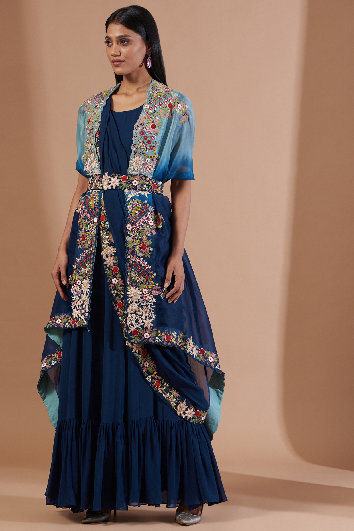 Blue Embroidered Wedding Gown Saree Set by Ojasvini at Pernia's Pop Up Shop