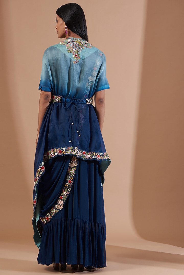 Blue Embroidered Wedding Gown Saree Set by Ojasvini at Pernia's Pop Up Shop