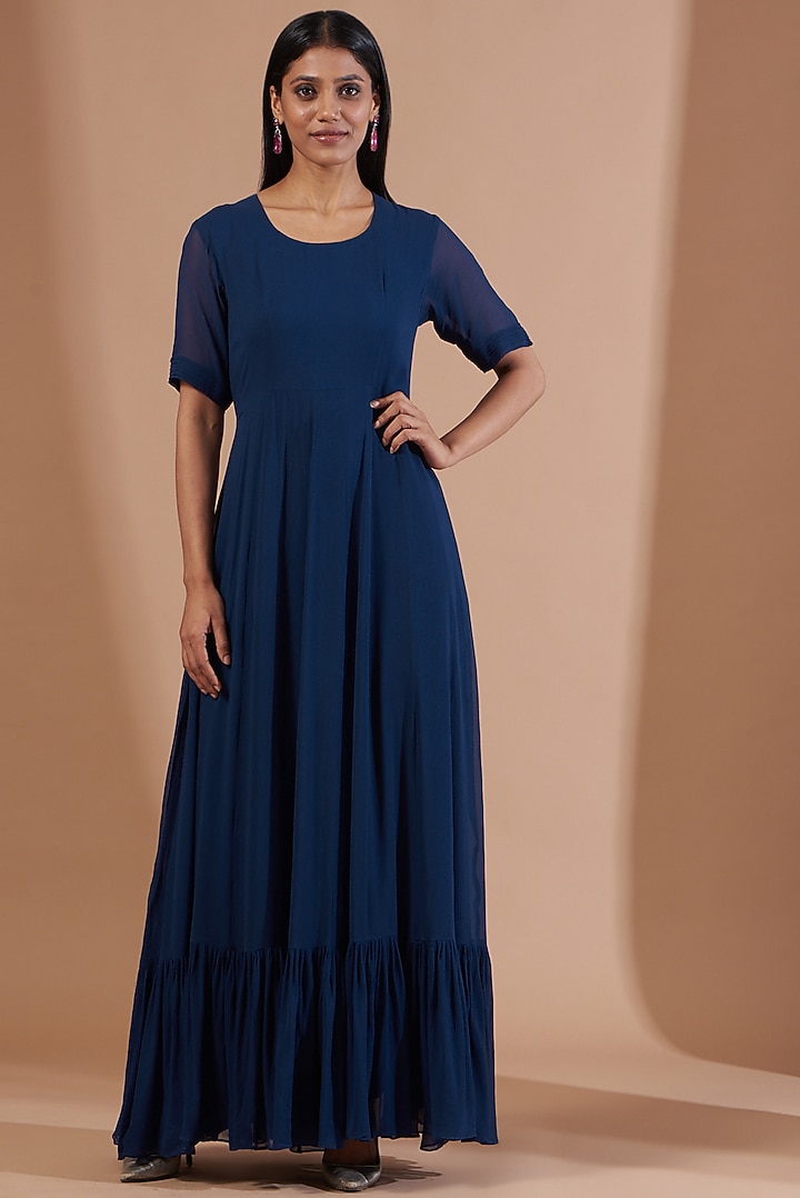 Blue Embroidered Wedding Gown Saree Set by Ojasvini at Pernia's Pop Up Shop