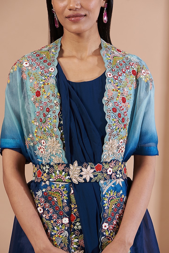 Blue Embroidered Wedding Gown Saree Set by Ojasvini at Pernia's Pop Up Shop