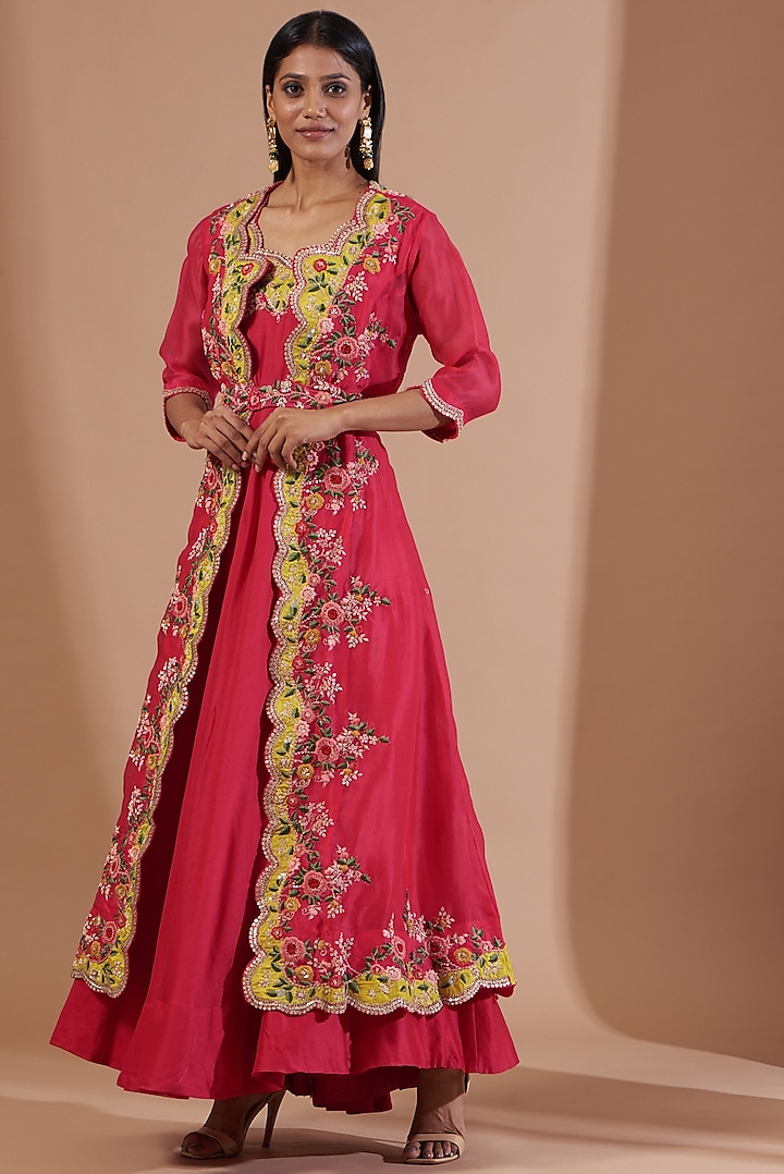 Cherry Red Embroidered Anarkali Set by Ojasvini