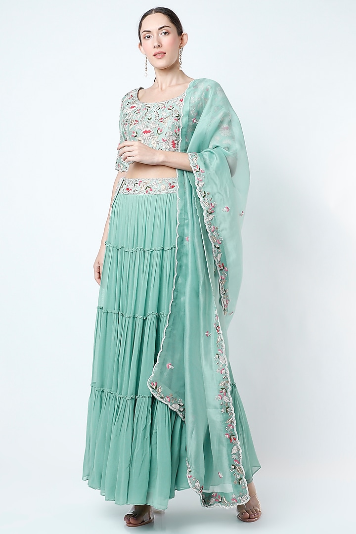 Turquoise Frilled Wedding Lehenga Set by Ojasvini at Pernia's Pop Up Shop