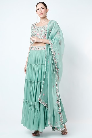 Turquoise Frilled Lehenga Set by Ojasvini
