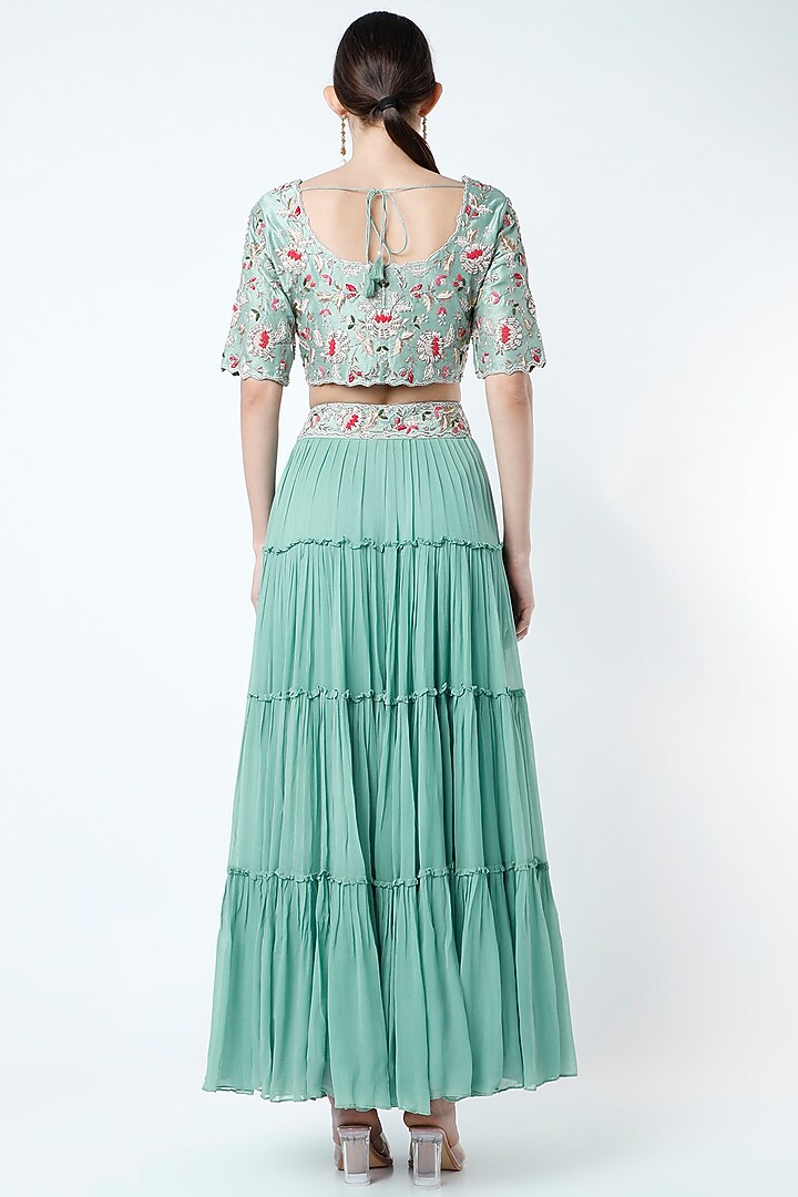 Turquoise Frilled Wedding Lehenga Set by Ojasvini at Pernia's Pop Up Shop
