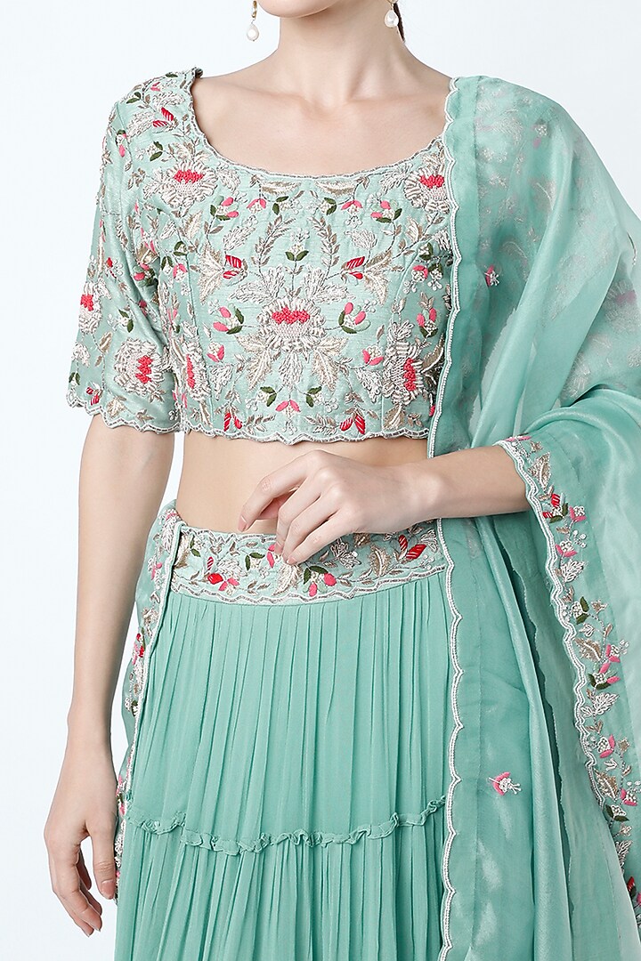 Turquoise Frilled Wedding Lehenga Set by Ojasvini at Pernia's Pop Up Shop