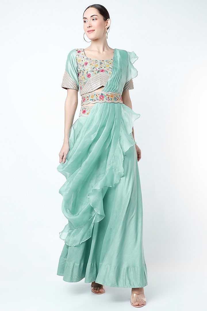 Turquoise Organza Draped Wedding Lehenga Set by Ojasvini at Pernia's Pop Up Shop