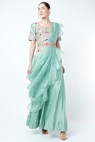 Turquoise Organza Draped Lehenga Set by Ojasvini