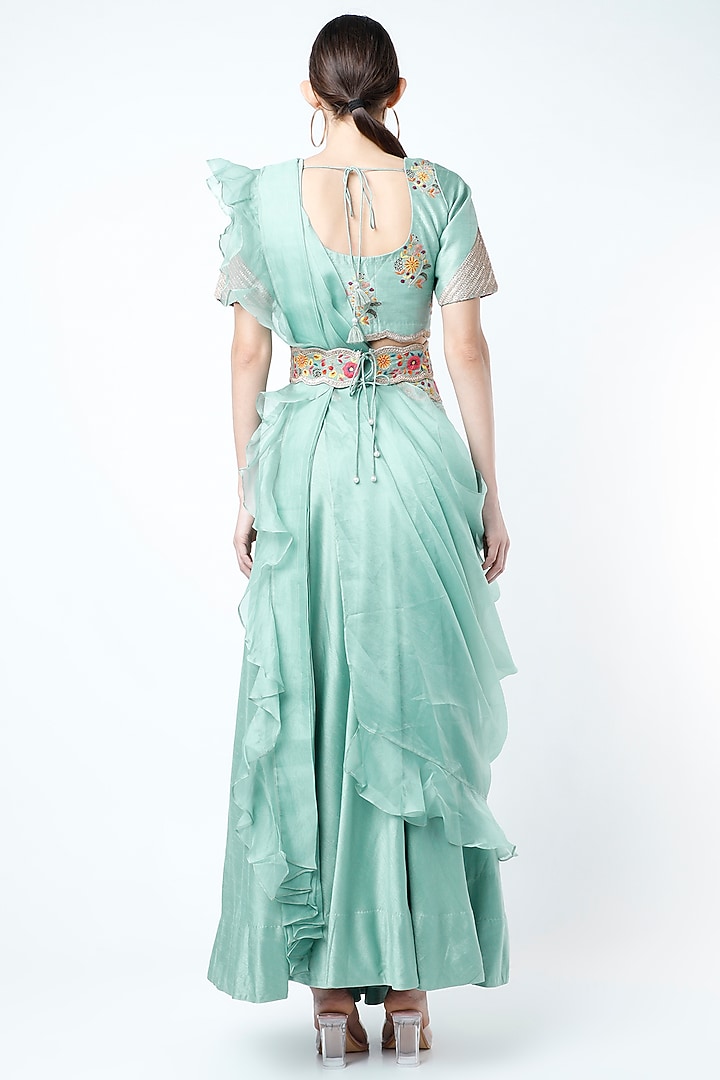 Turquoise Organza Draped Wedding Lehenga Set by Ojasvini at Pernia's Pop Up Shop