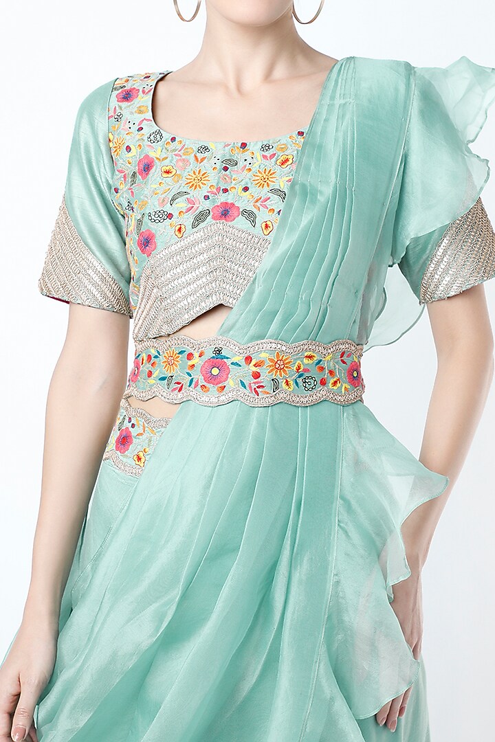Turquoise Organza Draped Wedding Lehenga Set by Ojasvini at Pernia's Pop Up Shop