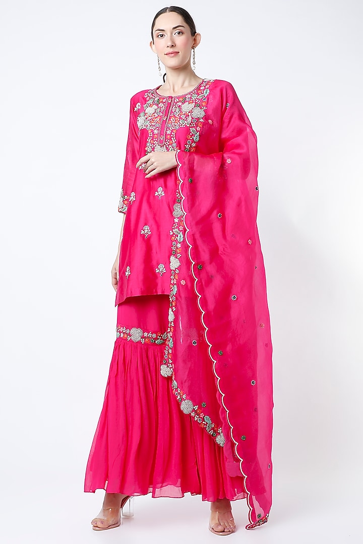 Bright Pink Embroidered Sharara Set by Ojasvini