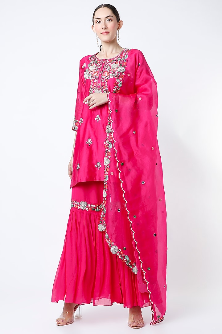 Bright Pink Embroidered Sharara Set by Ojasvini at Pernia's Pop Up Shop