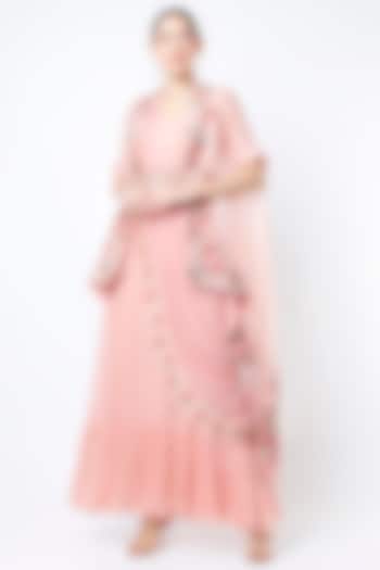 Blush Pink Saree Gown With Cape by Ojasvini