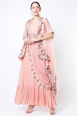 Blush Pink Saree Gown With Cape by Ojasvini