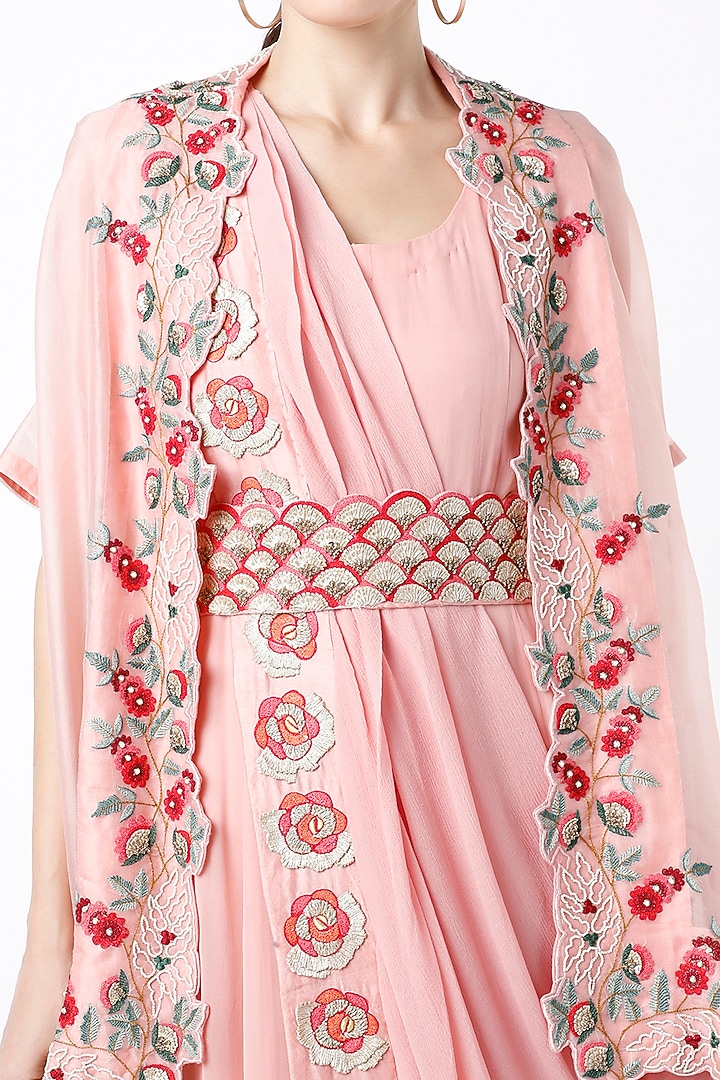 Blush Pink Saree Engagement Gown With Cape by Ojasvini at Pernia's Pop Up Shop