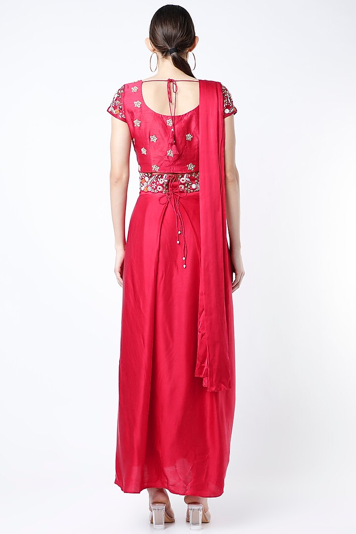 Cherry Red Pre-Stitched Draped Party Wear Saree Set by Ojasvini at Pernia's Pop Up Shop