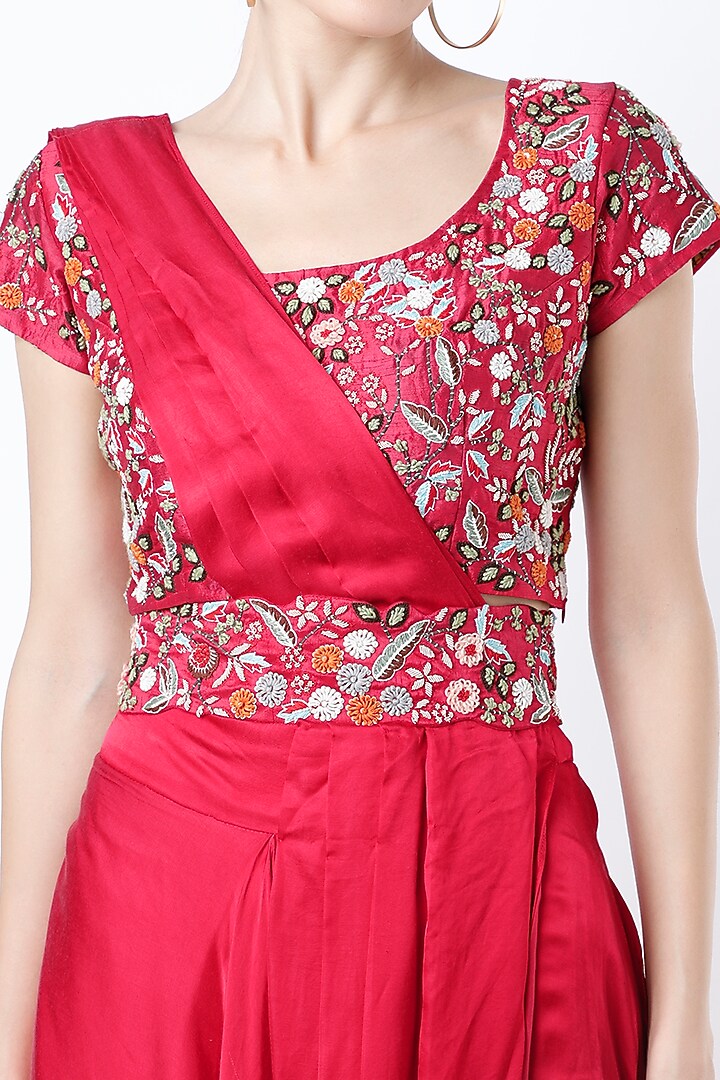 Cherry Red Pre-Stitched Draped Party Wear Saree Set by Ojasvini at Pernia's Pop Up Shop