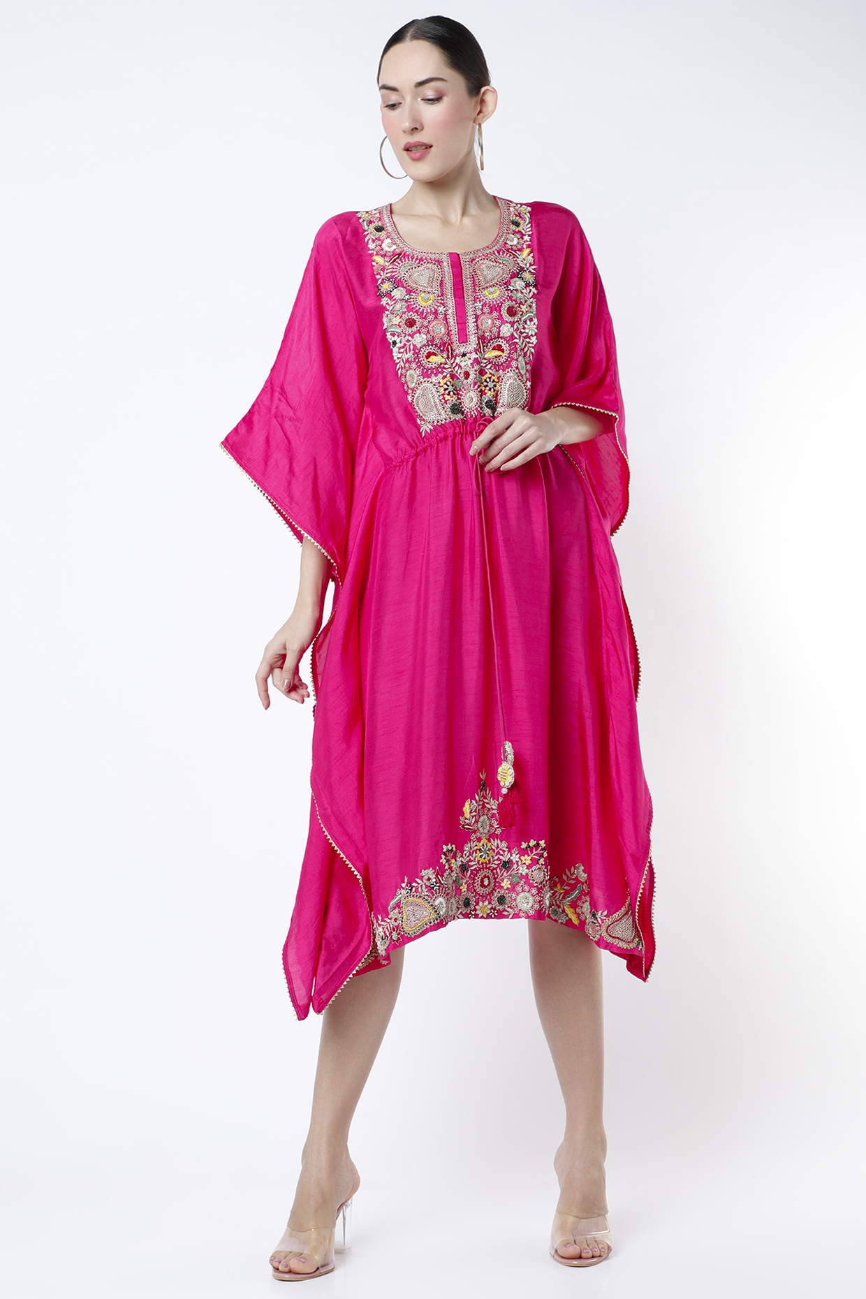 Bright Pink Embroidered Kaftan by Ojasvini at Pernia's Pop Up Shop