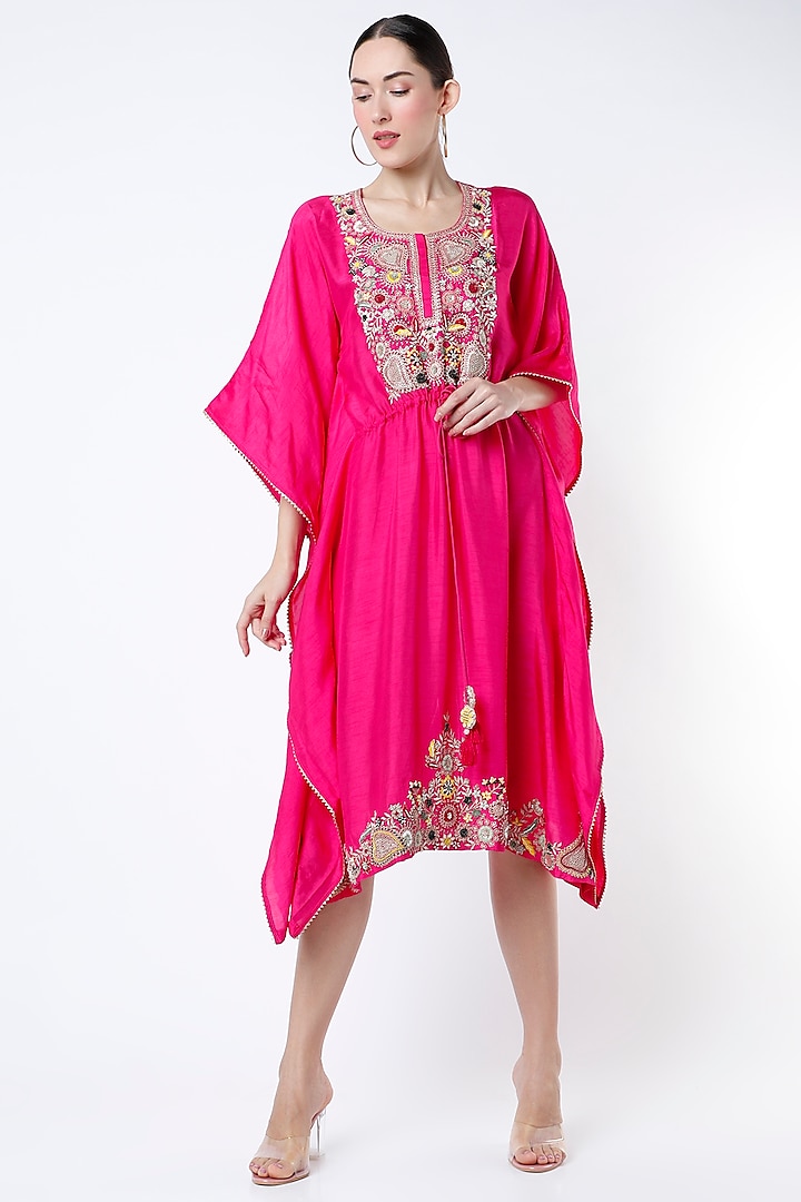 Bright Pink Embroidered Kaftan by Ojasvini at Pernia's Pop Up Shop