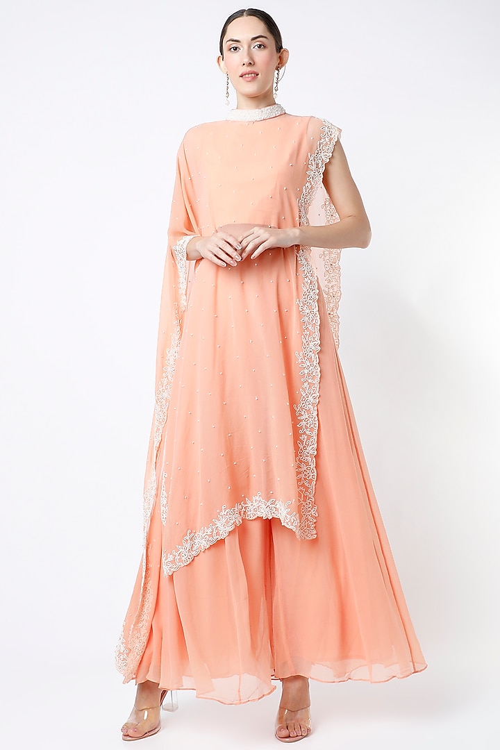 Peach Chiffon Sharara Set by Ojasvini at Pernia's Pop Up Shop