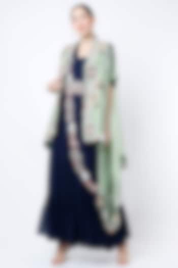 Navy Blue Saree Gown With Cape by Ojasvini