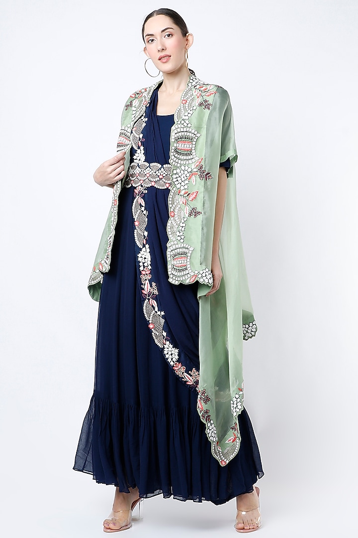 Navy Blue Saree Gown With Cape by Ojasvini