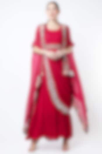 Red Georgette Saree Gown With Cape by Ojasvini