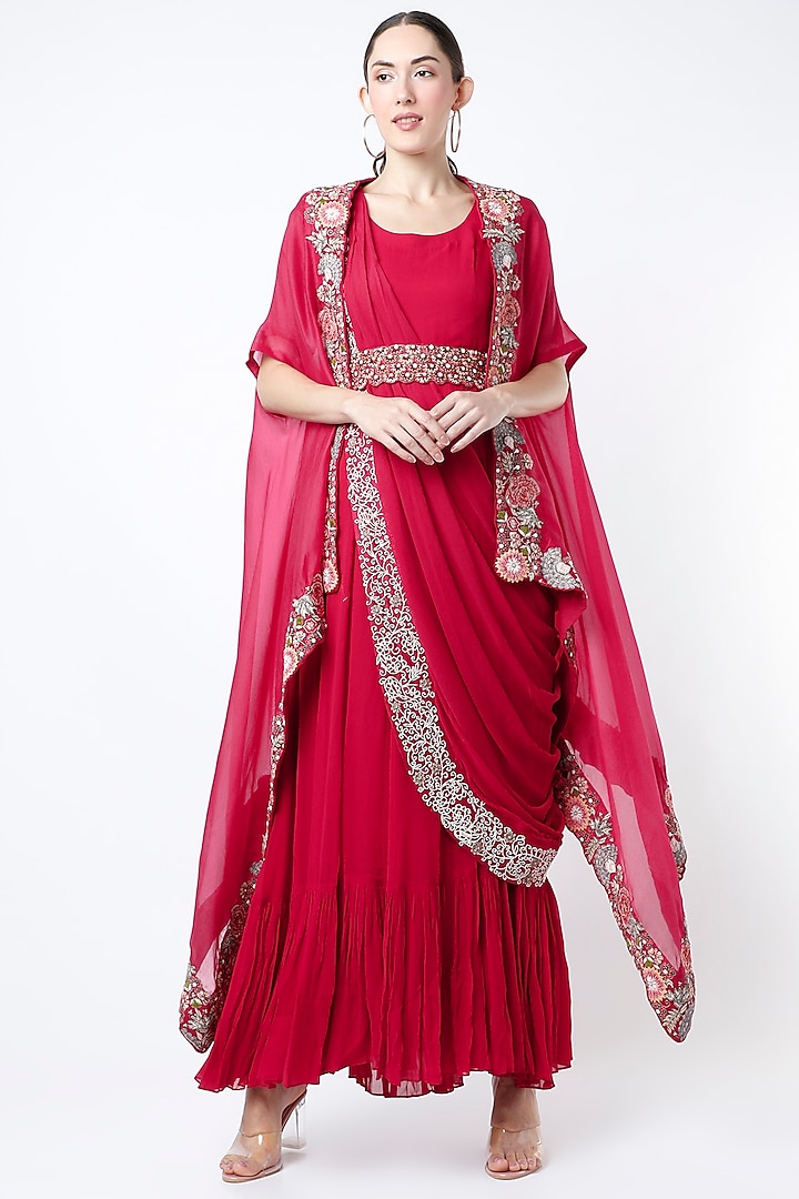 Red Georgette Saree Gown With Cape by Ojasvini