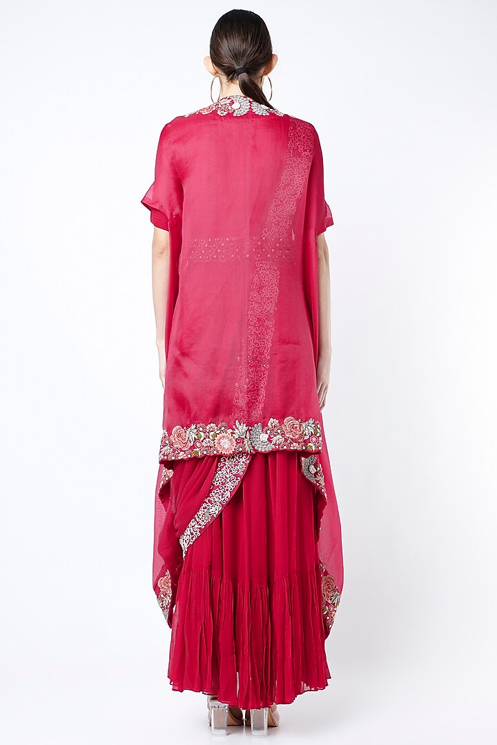 Red Georgette Saree Engagement Gown With Cape by Ojasvini at Pernia's Pop Up Shop