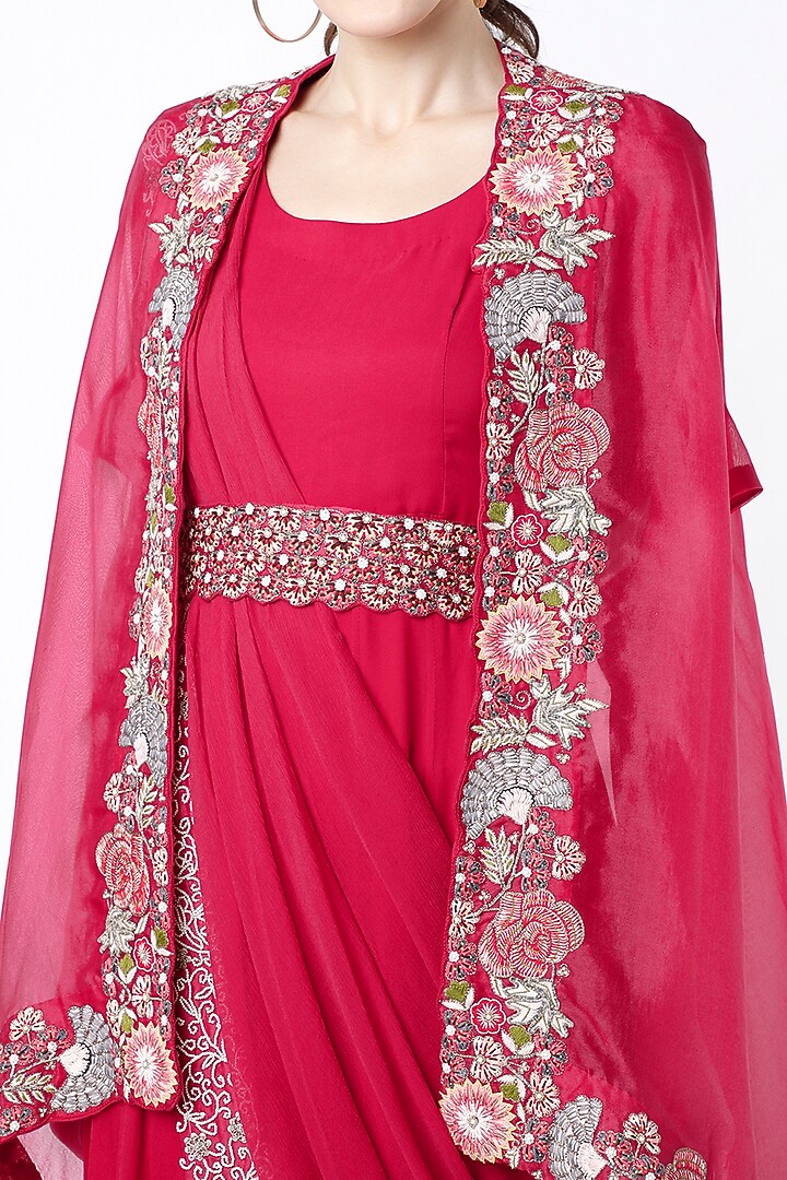 Red Georgette Saree Engagement Gown With Cape by Ojasvini at Pernia's Pop Up Shop