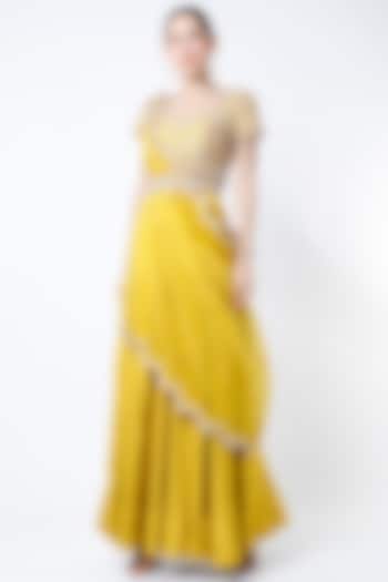 Yellow Draped Wedding Lehenga Set by Ojasvini at Pernia's Pop Up Shop