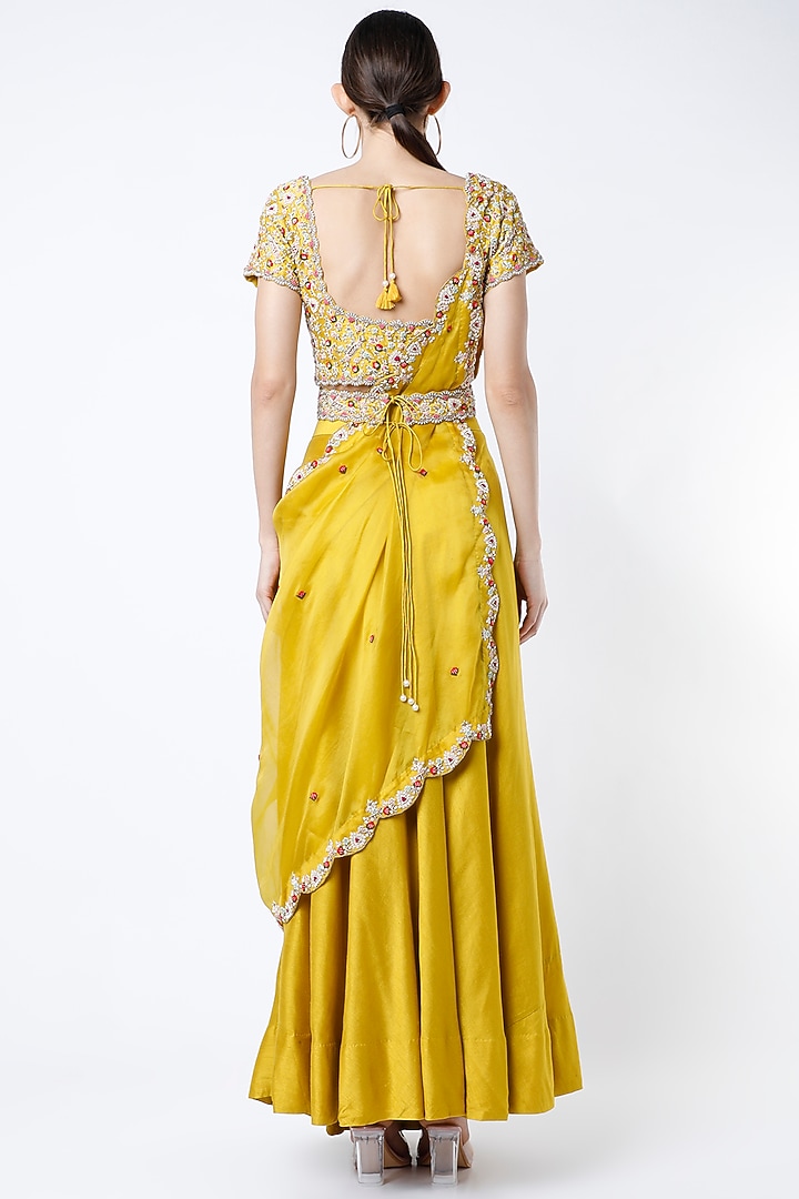 Yellow Draped Wedding Lehenga Set by Ojasvini at Pernia's Pop Up Shop