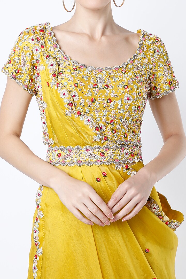 Yellow Draped Wedding Lehenga Set by Ojasvini at Pernia's Pop Up Shop