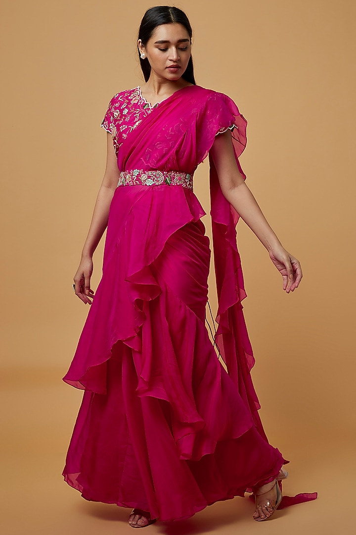 Fuchsia Embroidered Draped Saree Set by Ojasvini