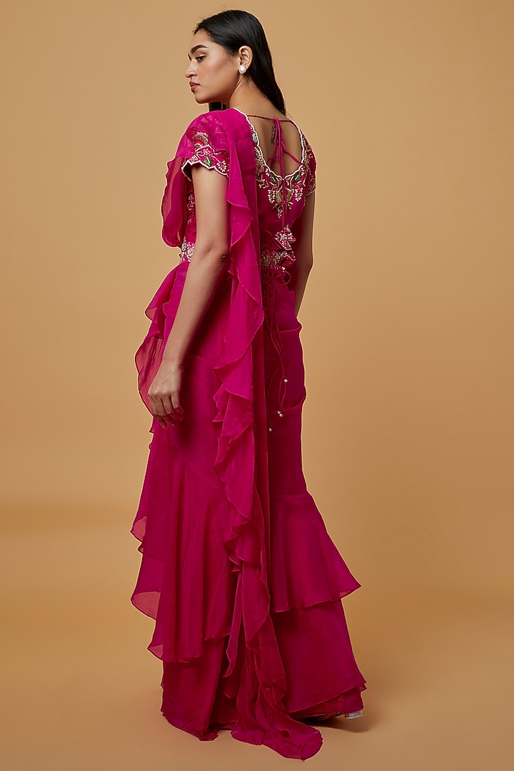 Fuchsia Embroidered Draped Wedding Saree Set by Ojasvini at Pernia's Pop Up Shop
