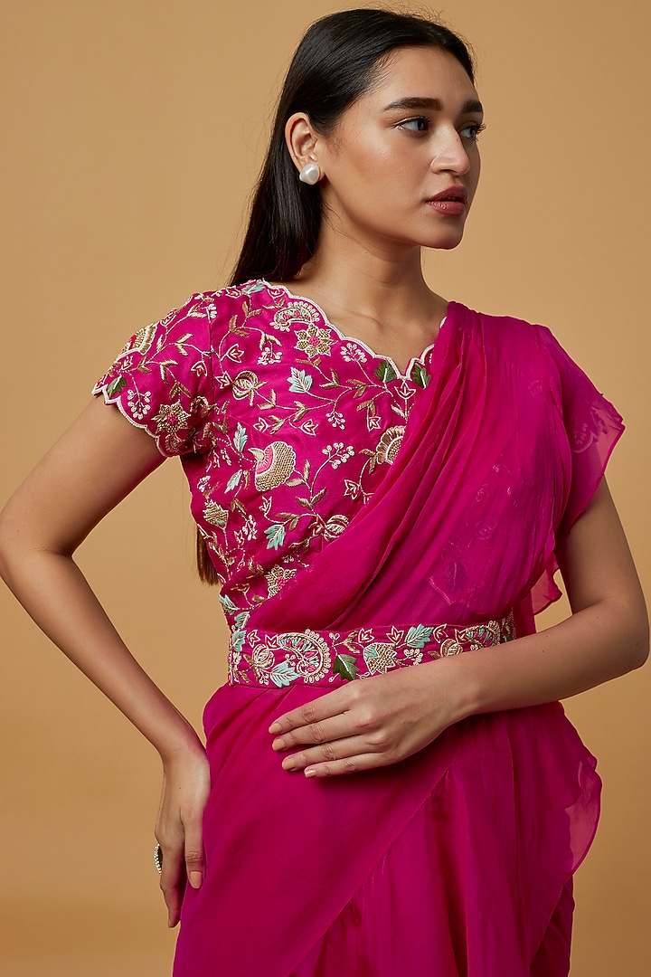 Fuchsia Embroidered Draped Wedding Saree Set by Ojasvini at Pernia's Pop Up Shop