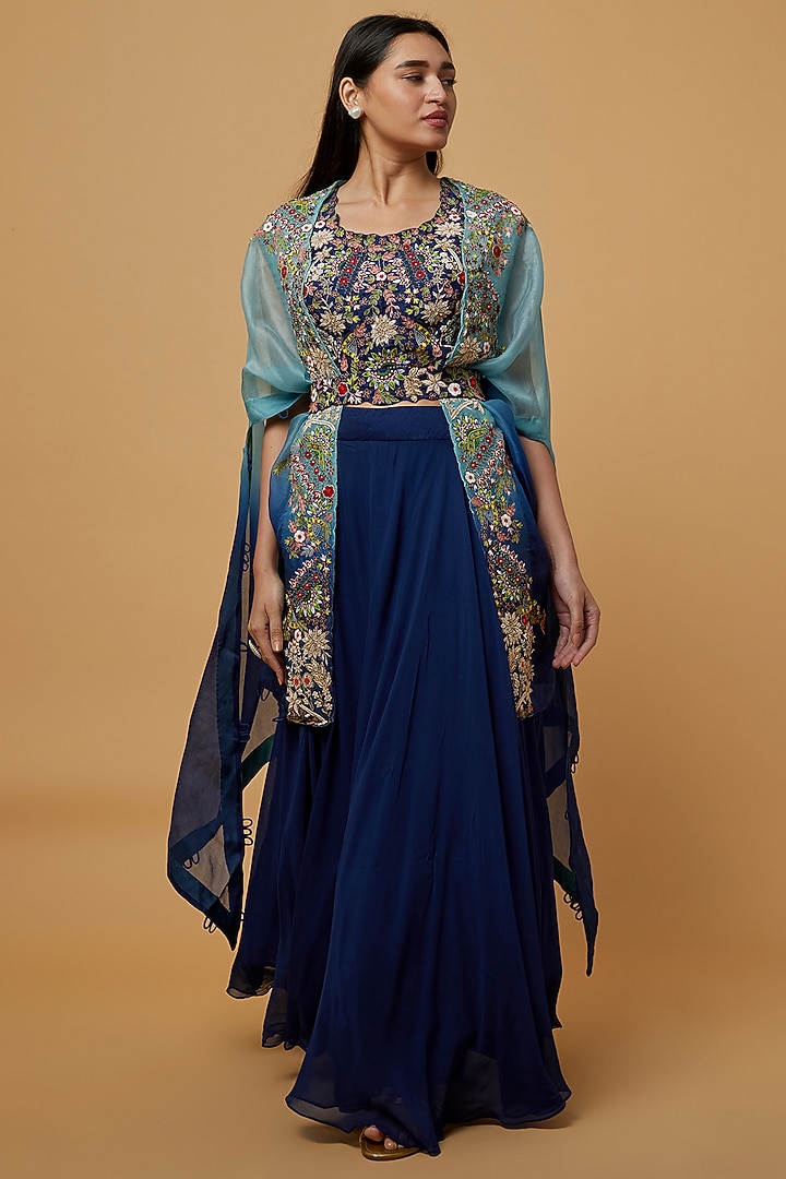 Navy Blue & Teal Embroidered Cape Set by Ojasvini at Pernia's Pop Up Shop