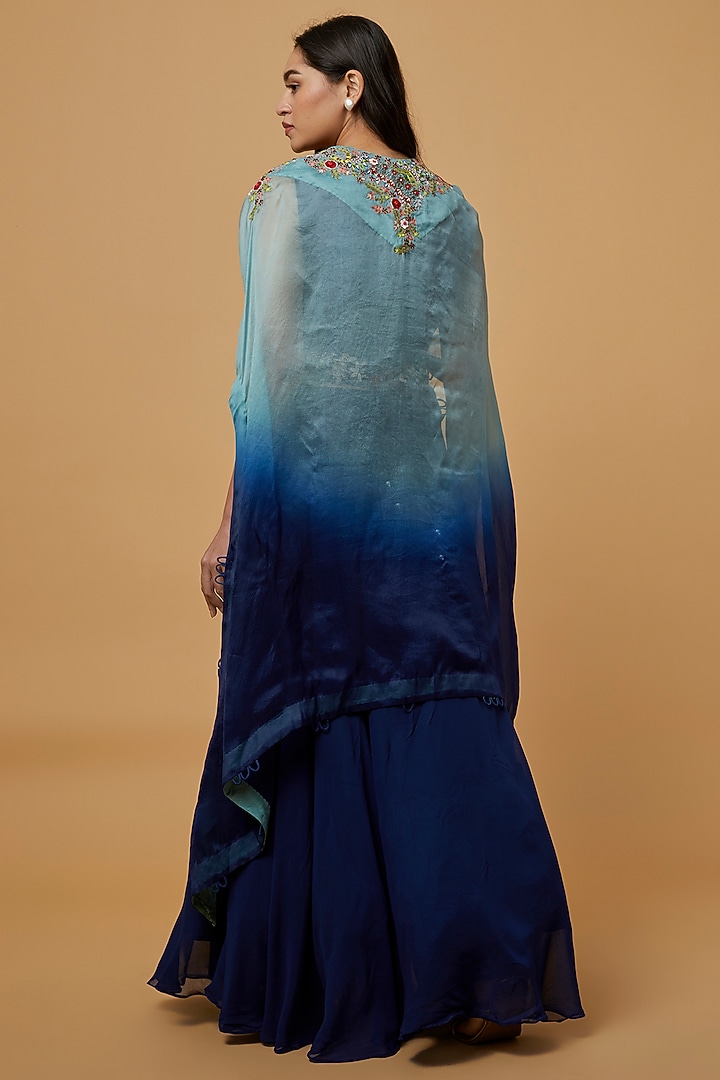 Navy Blue & Teal Embroidered Cape Set by Ojasvini at Pernia's Pop Up Shop