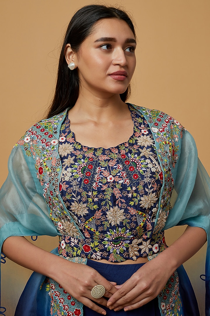 Navy Blue & Teal Embroidered Cape Set by Ojasvini at Pernia's Pop Up Shop