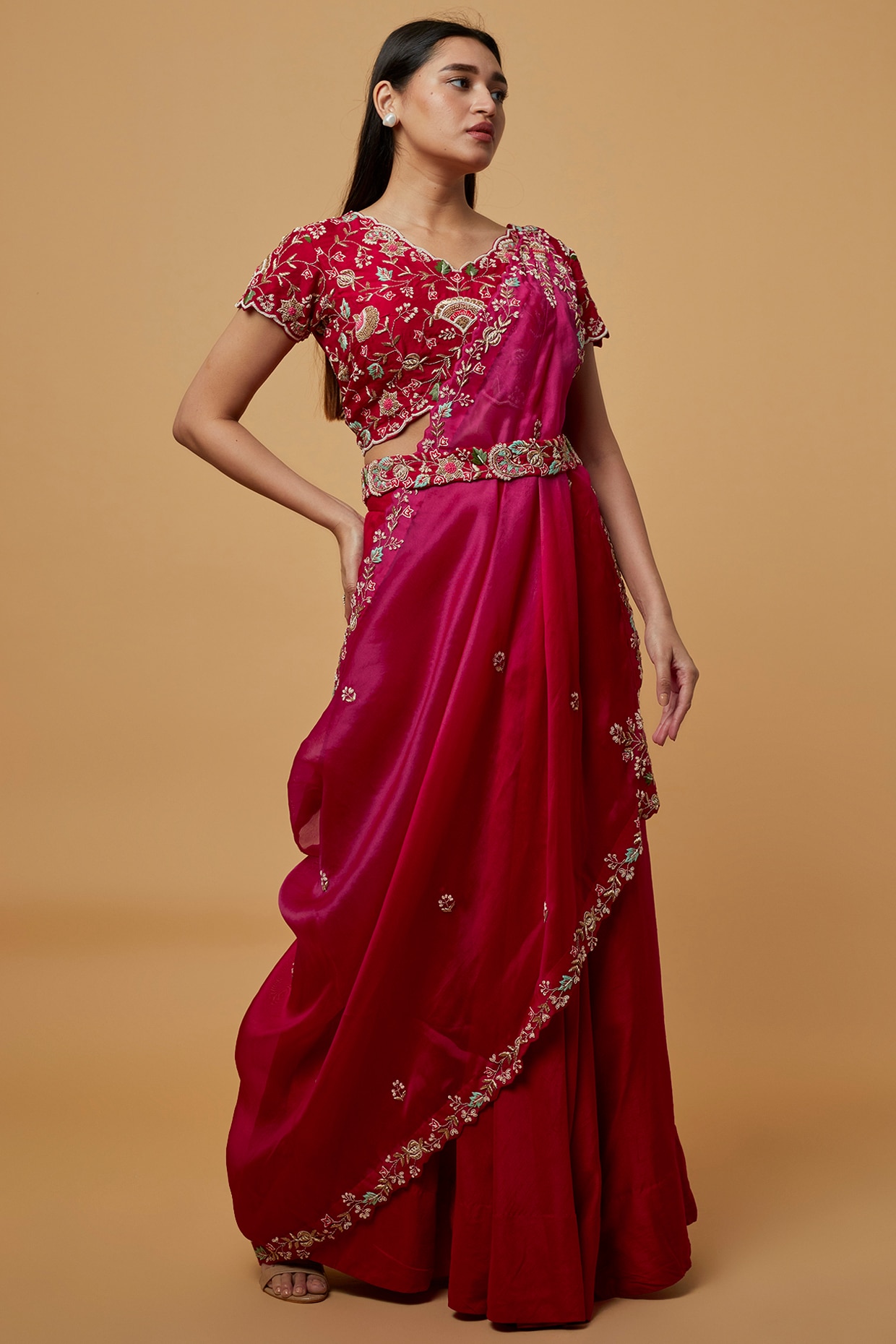 Beige & Red Bridal Lehenga Sari Lehenga Saree With Heavy Embroidery – Lady  India